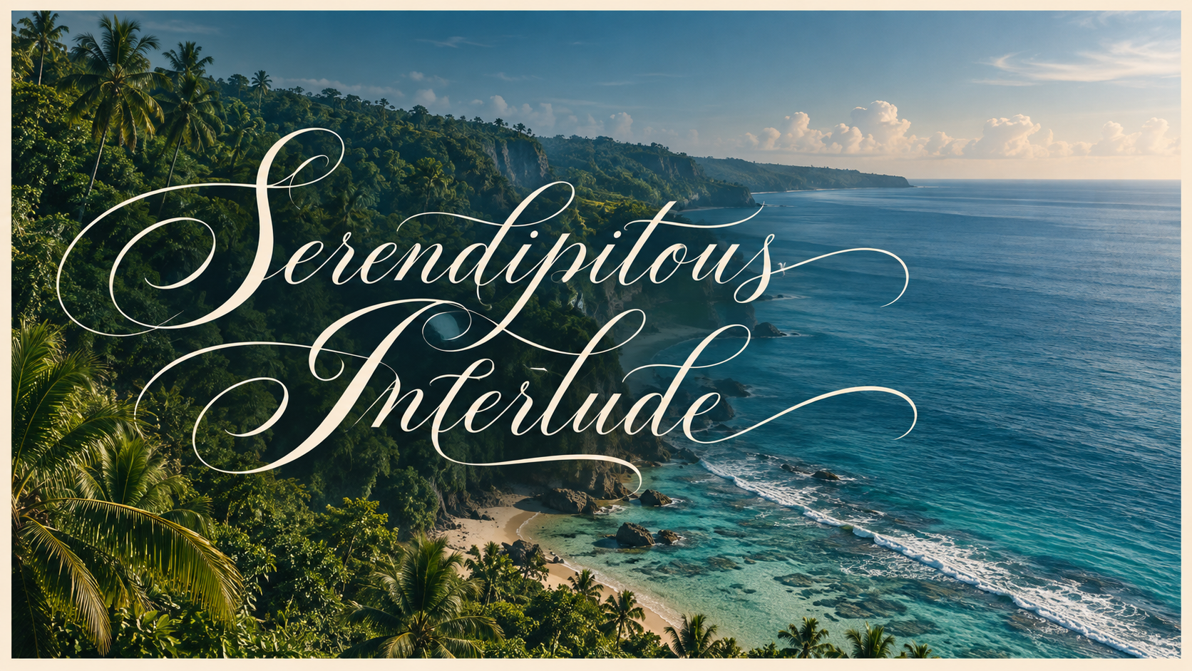 Tropical cliffs and blue ocean, framed in ivory